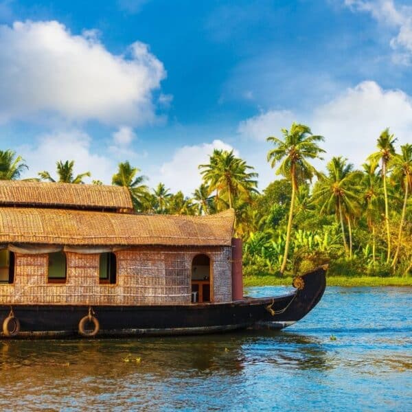 Traditional houseboat on Kerala backwaters surrounded by coconut palms